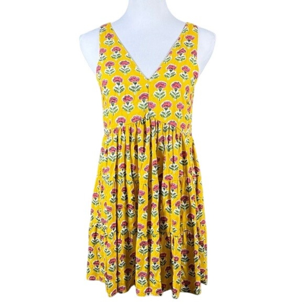 Sincerely Jules Yellow Floral Tiered Mini Dress Womens Medium V-Neck Rayon Boho